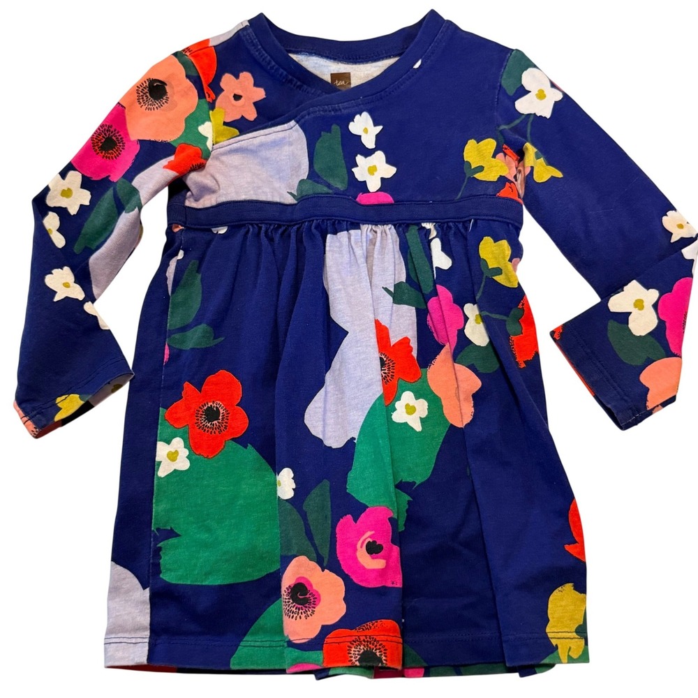 Tea Collection Girls Blue Floral Long Sleeve Cotton Jersey‎ Dress 12-18 M Spring